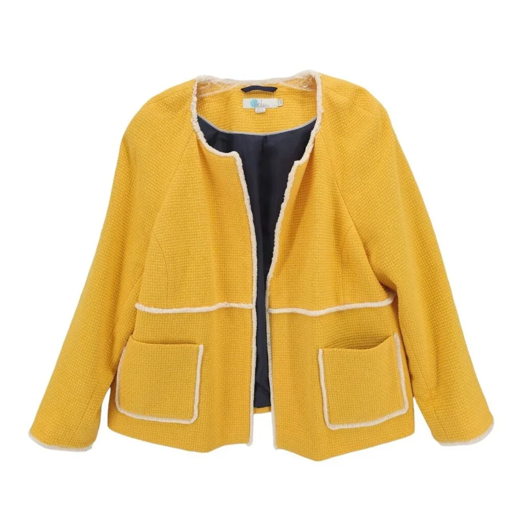 BODEN Ida Jacket Yellow Woven Tweed Frayed Hem Open Front Textured US 14 - Picture 1 of 8